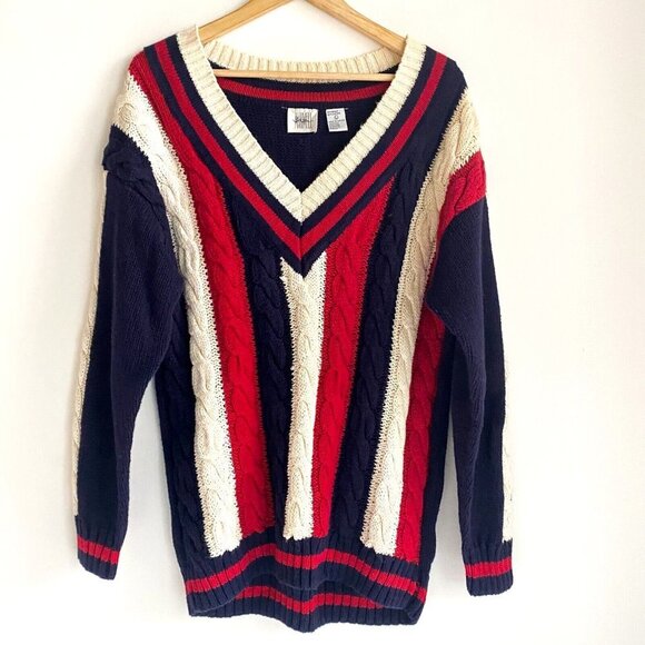 Vintage Jason Maxwell Red White and  Blue V Neck Wool Cotton Pullover L - Picture 3 of 6